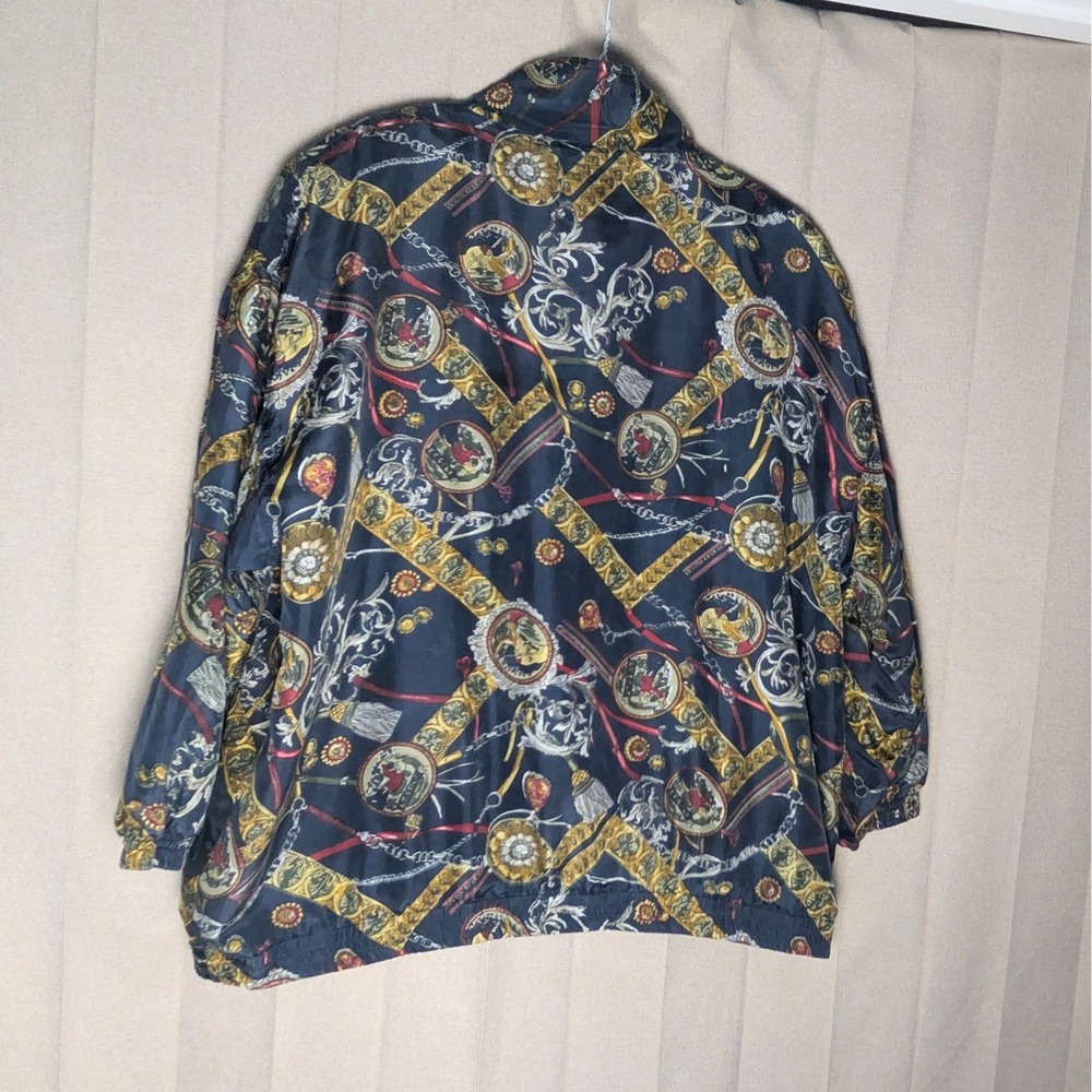 Lady CA Sport Vintage Silk Bomber Jacket 2X Navy Blue Baroque Chain Print Zip - Picture 2 of 11